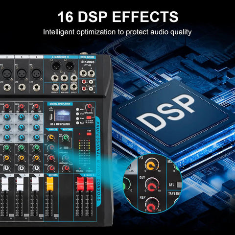 6 Channel USB Audio Mixer For Streaming And DJ Sets With Built In 16 DSP Effects, 48V Phantom Power, USB Audio Interface image