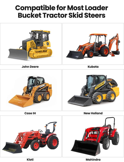 Various loader bucket tractors compatible with Clamp On Pallet Forks 2000 Lbs Capacity, 60 Inch Beefy Forks for attachments.