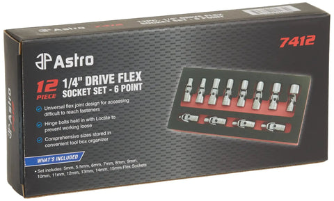 12-Piece One Quarter Inch Drive Flex Socket Set, 6-Point Metric, Angled Flex Sockets For Tight Spots, Loctite Pins Prevent Loosening