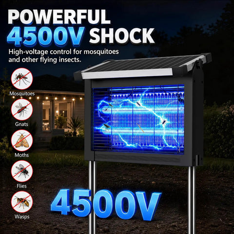 Outdoor Solar Bug Zapper 4500V Electric Mosquito Killer with high voltage grid shown in night setting, highlighting projection light.