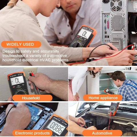 6000-Count True RMS Digital Multimeter with auto and manual ranging used in various electrical testing scenarios.