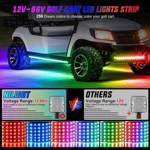 Golf cart with 6 Piece Underbody LED Light Kit For Golf Carts With Canopy Lights Dream Color Neon Accent Lights App Remote Control