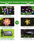 Comparison of newest and old solar garden lights showing double layer flowers, upgraded LED and solar panel, Solar Garden Lights Outdoor Decor 4 Pack With Constant And Flashing Modes, Waterproof Multi Color Pathway Lawn Lights For Garden Yard Grave Marker Cemetery Memorials, Perfect Mothers Day Gift.