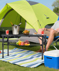 Tri Fold Aluminum Camping Table With Storage Net, Three Adjustable Heights Up To 27.5 Inches, 35 By 16 Inch Surface at campsite