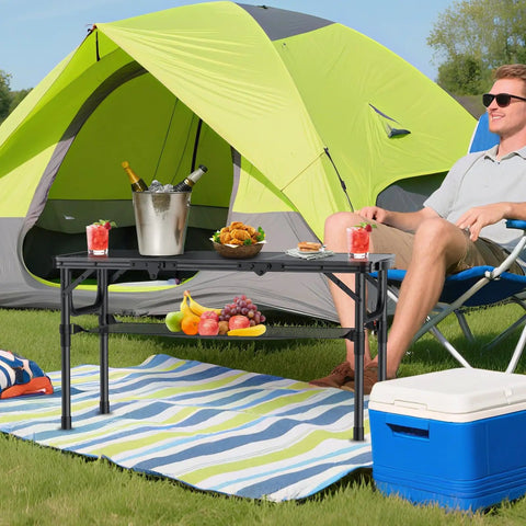 Tri Fold Aluminum Camping Table With Storage Net, Three Adjustable Heights Up To 27.5 Inches, 35 By 16 Inch Surface at campsite