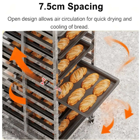 8-Tier Stainless Steel Bakery Cooling Rack On Wheels With Brakes, 16 Cm Spacing, Holds Baking Trays And Loaf Pans, shown with bread.