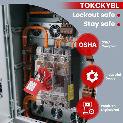 Must Have 20 Piece Circuit Breaker Lockout Device Kit Universal Lockout Tagout Loto For Single Double And Triple Pole Breakers OSHA Compliant Electrical Safety Gear installed on breaker