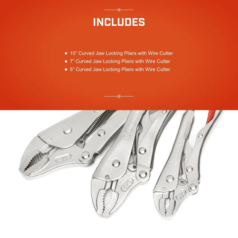 Curved Jaw Locking Pliers With Wire Cutter Set For Home DIY And Pros, Heavy Duty Locking Pliers Pack In 5 Inch, 7 Inch And 10 Inch