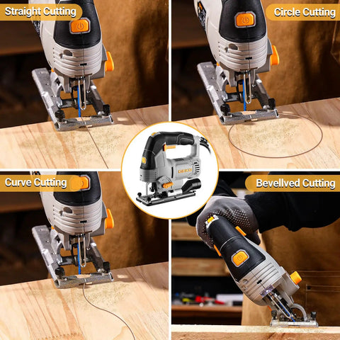 Heavy Hitting 6.7 Amp Corded Jigsaw Slays Through Hardwood And Steel in four cutting modes on wood surfaces.