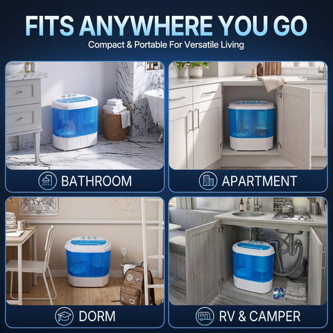 Heavy Duty Mini Compact Washing Machine Twin Tub Top Load Washer Portable Spinning Combo in bathroom and dorm setup.
