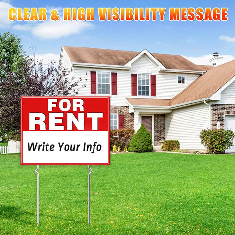 Double Sided For Rent Yard Sign Set With Metal Stakes 17 By 13 Inch Corrugated Plastic Real Estate Sign in front of house