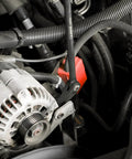 16 Inch Indexable Pry Bar With 11 Position Adjustable Head For Tight Spots in use in car engine bay, showing chrome vanadium steel.