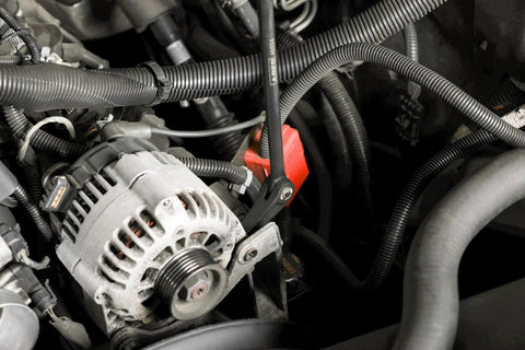 16 Inch Indexable Pry Bar With 11 Position Adjustable Head For Tight Spots in use in car engine bay, showing chrome vanadium steel.