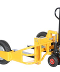 Heavy Duty All Terrain Steel Pallet Truck With Pneumatic Tires And Smooth Steering Glides Over Rough Ground Loads Up To Two Thousand Five Hundred Pounds Without A Sweat On Thirty Two Inch Forks, yellow color, tubular frame.