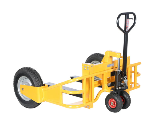 Heavy Duty All Terrain Steel Pallet Truck With Pneumatic Tires And Smooth Steering Glides Over Rough Ground Loads Up To Two Thousand Five Hundred Pounds Without A Sweat On Thirty Two Inch Forks, yellow color, tubular frame.