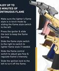 Dual Flame Butane Torch Gun For Cooking And Crafting Refillable Handheld Torch With Adjustable Flame And Ignition Lock Pro Grade shown in different colors with flame lock instructions