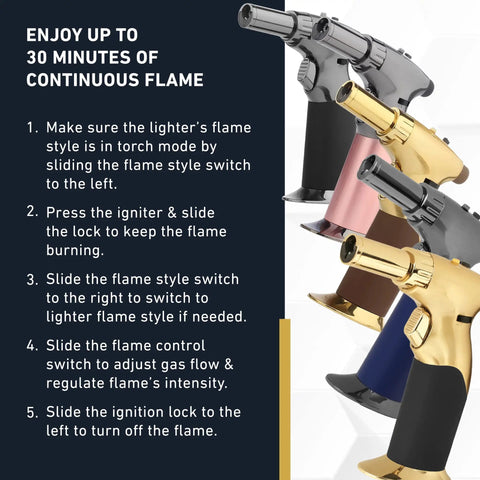 Dual Flame Butane Torch Gun For Cooking And Crafting Refillable Handheld Torch With Adjustable Flame And Ignition Lock Pro Grade shown in different colors with flame lock instructions