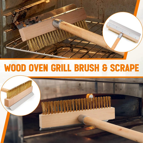 37 Inch Wood Handle Pizza Oven Brush With Scraper, cleaning oven with brass bristles, steel scraper, and aluminum tip