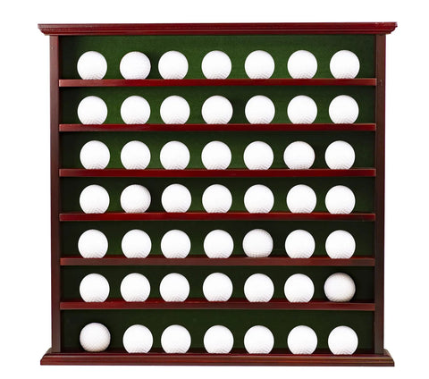 Mahogany Golf Ball Display Cabinet With Green Felt Backing And Brass Golfer Emblem Wall Mounted Display For Up To 49 Golf Balls