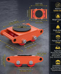4 Pack Heavy Duty Industrial Skate Dolly With 360 Degree Swivel Casters And Non Slip Tray For Moving CNC Machines Stamping Presses And Heavy Industrial Equipment In Factories. Orange carbon steel dolly, 10.63 in x 7.78 in.