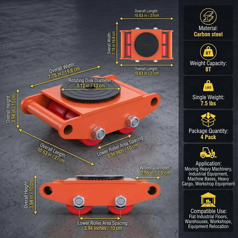 4 Pack Heavy Duty Industrial Skate Dolly With 360 Degree Swivel Casters And Non Slip Tray For Moving CNC Machines Stamping Presses And Heavy Industrial Equipment In Factories. Orange carbon steel dolly, 10.63 in x 7.78 in.