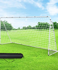 Backyard Soccer Goal 12 By 6 With Steel Frame Portable Training Net set up on grass, carry bag in foreground