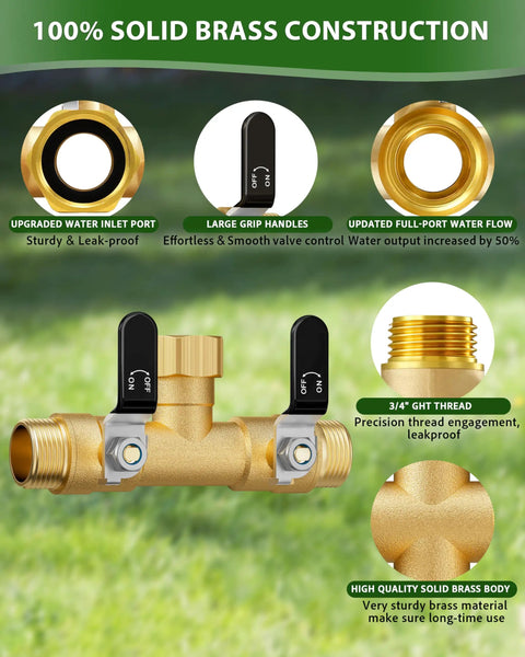 Rugged Brass Hose Splitter 2 Way With Full Flow 0.59 Inch Ball Valve And Shut Off, Three Quarter Inch Fittings, Heavy Duty Outdoor Garden Water Faucet Adapter For High Pressure, Two Independent Outlets, Easy Setup, No Leaks, brass hose splitter with 3/4" thread and two shutoff handles