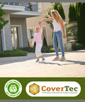 Child joyfully dancing with parent on sealed brick patio showcasing durability of Top Notch Wetlook Paver Sealer and Joint Sand Stabilizer 5 Gallon.