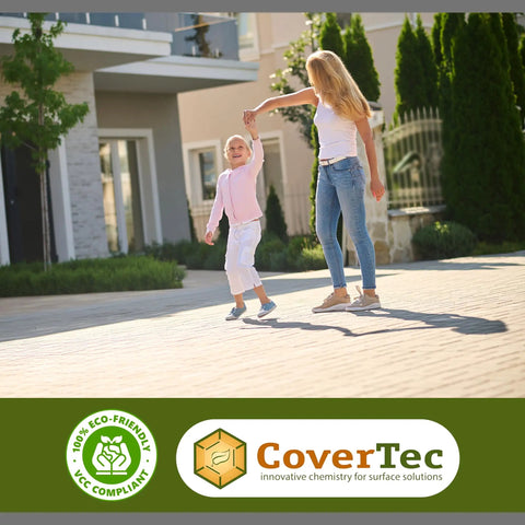 Child joyfully dancing with parent on sealed brick patio showcasing durability of Top Notch Wetlook Paver Sealer and Joint Sand Stabilizer 5 Gallon.