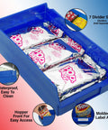 Heavy Duty Plastic Shelf Bins For Garage, Closet And Drawer Organization, Clear 12 X 6.5 X 4 Inch Bins, 12 Pack, with snacks inside