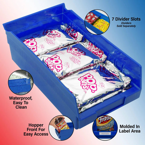 Heavy Duty Plastic Shelf Bins For Garage, Closet And Drawer Organization, Clear 12 X 6.5 X 4 Inch Bins, 12 Pack, with snacks inside
