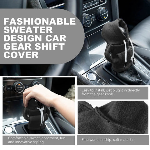 Black velvet gear shift hoodie for cars installed on a car shifter, showing sweater design, highlighting soft, durable material.