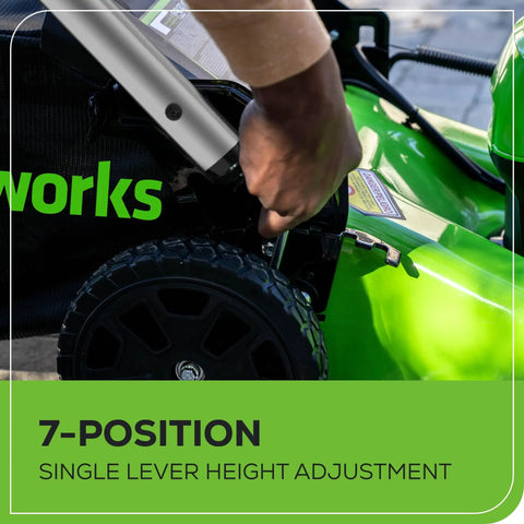 Close-up of 80V 21 Inch Self Propelled Cordless Lawn Mower with adjustable height lever and wheel, highlighting single lever adjustment