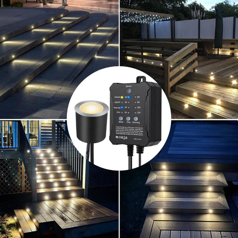 Smart Dimmable LED Deck Lights With Timer And Photocell Sensor, IP67 Waterproof 32mm Round Outdoor Pathway Kit, 20 Pack on steps