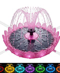 6.3-Inch Solar Bird Bath Fountain with Battery and LED Lights, showing nozzles, anti-floating poles, and colorful light display.