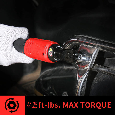 Cordless Ratchet Wrench Three Eighths Inch Delivers 44.25 Foot Pounds Of Torque At 380 RPM wrenching a bolt in tight space