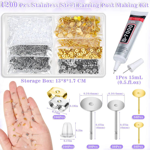 600 Piece Stainless Steel Earring Post And Back Set For Do It Yourself Jewelry Making Dope Hypoallergenic Silver And Gold Posts With Rubber Backs Includes 4mm And 6mm Posts And 200 Backs displayed in storage box and hand.