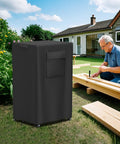 Heavy Duty Table Saw Cover Built To Handle Most Planer Machines With All Season Waterproof Oxford Cloth Make Up For Weekend Garage Jobs Fits Like A Charm Black Wrap in garden with carpenter working nearby.
