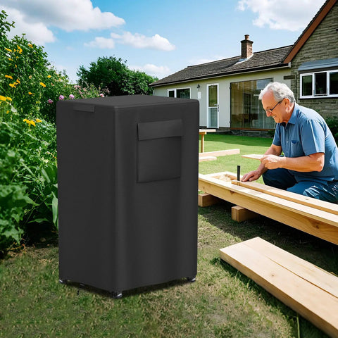 Heavy Duty Table Saw Cover Built To Handle Most Planer Machines With All Season Waterproof Oxford Cloth Make Up For Weekend Garage Jobs Fits Like A Charm Black Wrap in garden with carpenter working nearby.