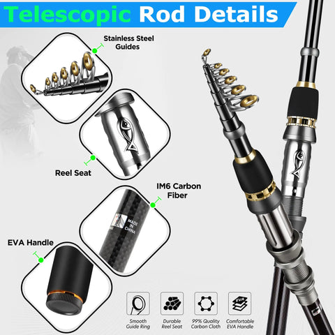Telescopic Fishing Rod And Reel Combo With 373 Piece Tackle Box featuring stainless steel guides and EVA handle.