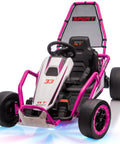 Front view of pink Kids 24V Electric Go Kart With Dual 200W Motors featuring 11 MPH drift capability and metal frame for ages 6-12.