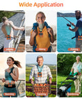 Collage of people using Waist Clip Fan With 10000mAh Battery for jobsite, hiking, fishing, running, farming, and gardening.