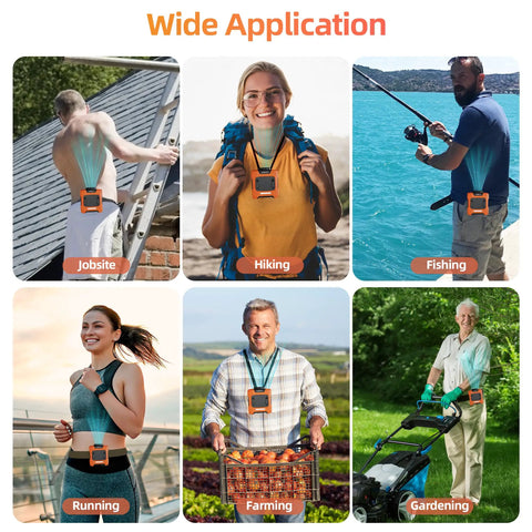 Collage of people using Waist Clip Fan With 10000mAh Battery for jobsite, hiking, fishing, running, farming, and gardening.