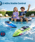 Kids Rc Boat With 8 LED Light Modes, Waterproof All Around Design, 2.4GHz Remote in a pool with two children playing.