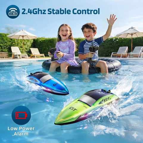 Kids Rc Boat With 8 LED Light Modes, Waterproof All Around Design, 2.4GHz Remote in a pool with two children playing.