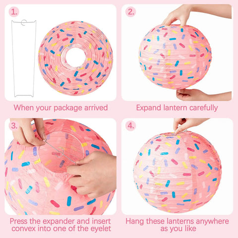 Steps to assemble pink sprinkle cupcake Six Pack Donut Party Hanging Paper Lanterns With Sprinkle Cupcake Designs For Birthday Party