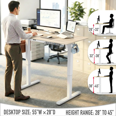 Electric Height Adjustable Standing Desk With Drawer And Memory Preset, Maple Finish, 55 by 28 Inches, shown in use