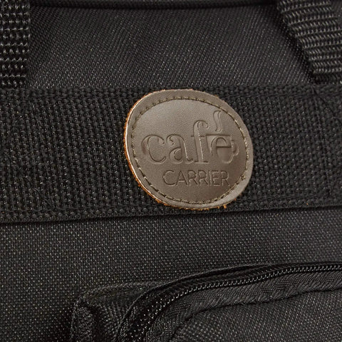 Close-up of leather logo on New Improved Travel Bag Case for Nespresso Essenza Mini and Pixie with Extra Interior Padding