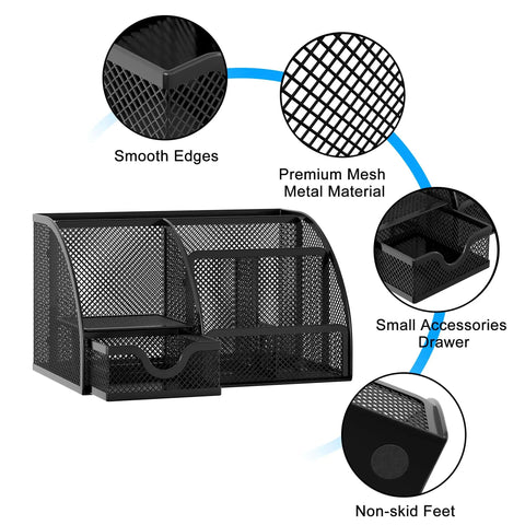 Durable Mesh Desk Organizer with Drawer Six Compartment Pen Holder and Stationery Organizer in Black