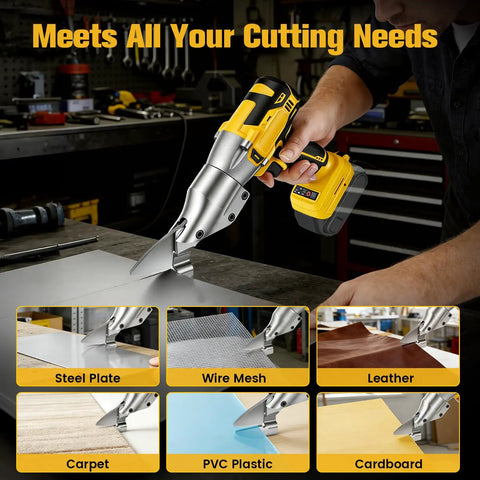 Beefy 221 Ft Lbs Torque Cordless Metal Shears With 360 Degree Pivoting Head cuts metal, leather, and cardboard in workshop